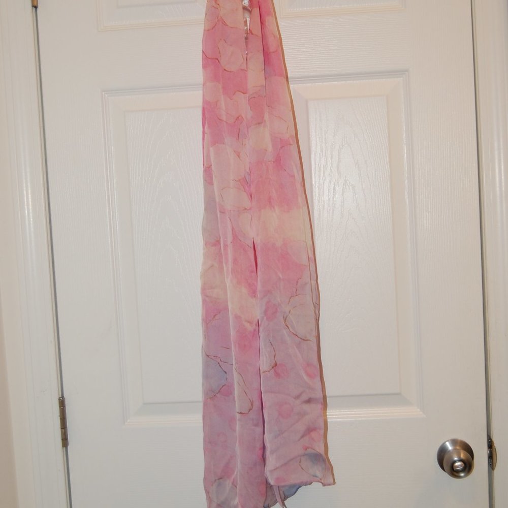 100% Silk Art Silk Pastel Pink/Blues/White Beautiful Watercolor Print Scarf